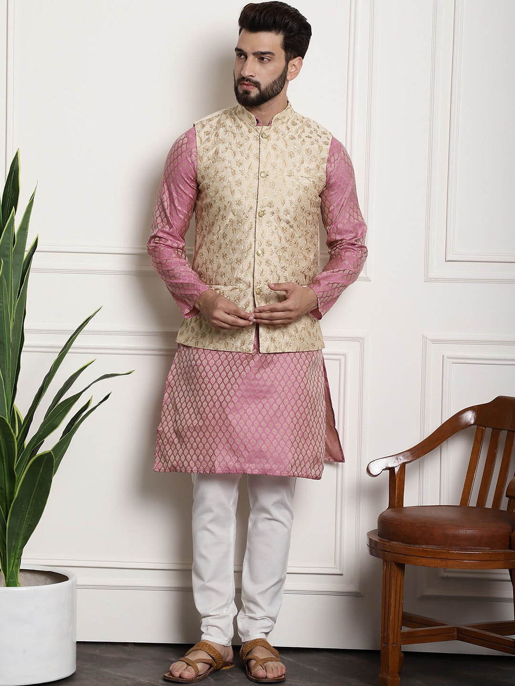 Sojanya Woven Design Mandarin Collar Kurta with Churidar & Nehru Jacket | Grocsy