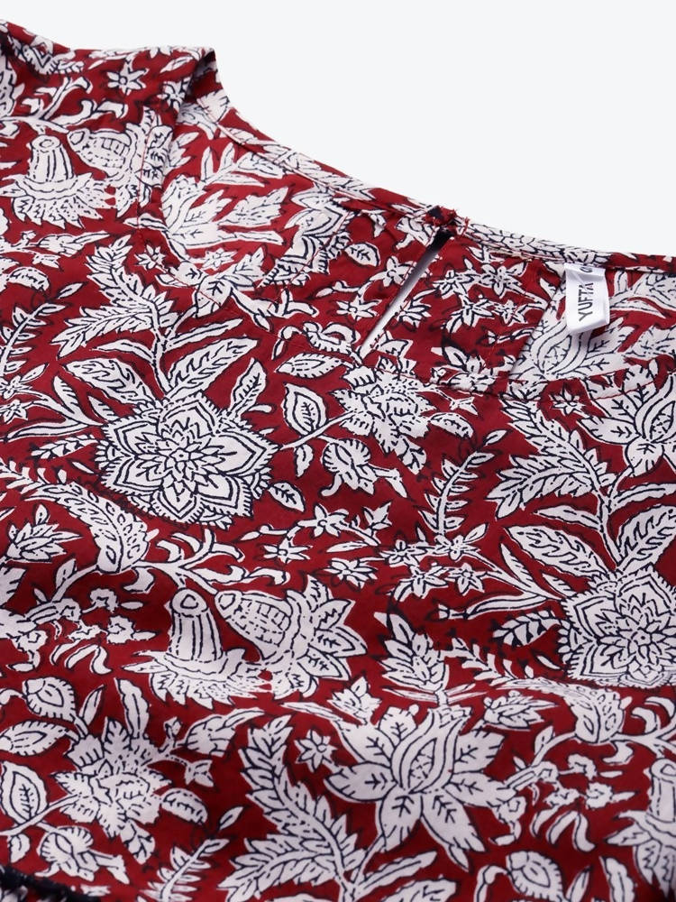 Yufta Women Red & White Bell Sleeve Layered Handblock Ethnic Motifs Print Regular Top | Grocsy