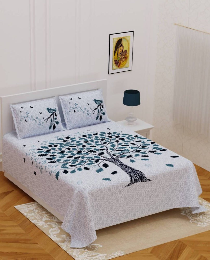 Vamika Printed Cotton White Bedsheet With Pillow Covers (PM Tree Grey) | Grocsy
