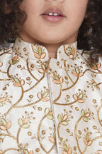 Little Bansi Banarsi Silk Floral Embroidery Jacket With Cotton Kantha kurta And Kantha Dhoti - Cream | Grocsy