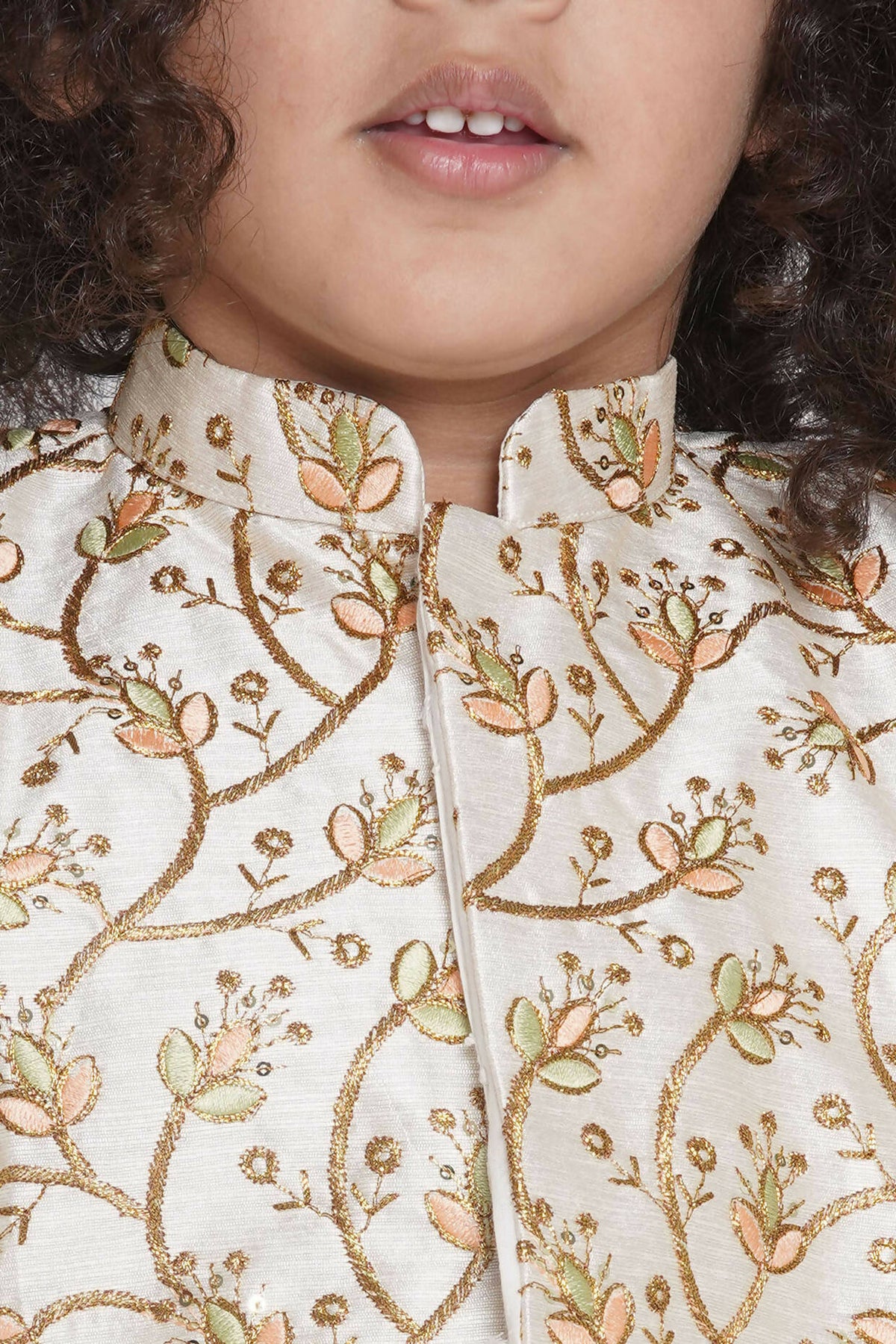 Little Bansi Banarsi Silk Floral Embroidery Jacket With Cotton Kantha kurta And Kantha Dhoti - Cream | Grocsy