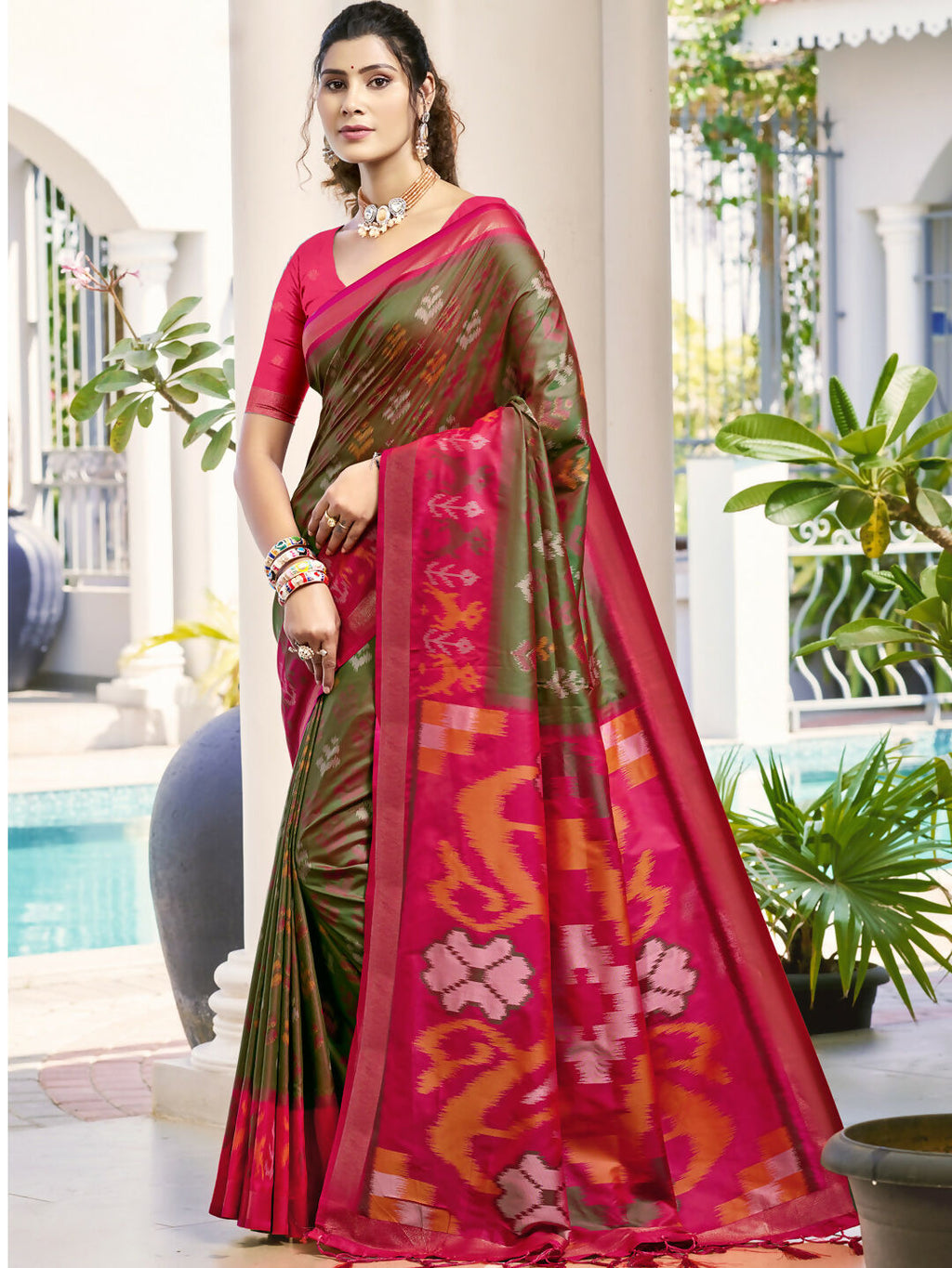 Shree Shyam Fashion Pochampalli Silk Olive Green Saree | Grocsy