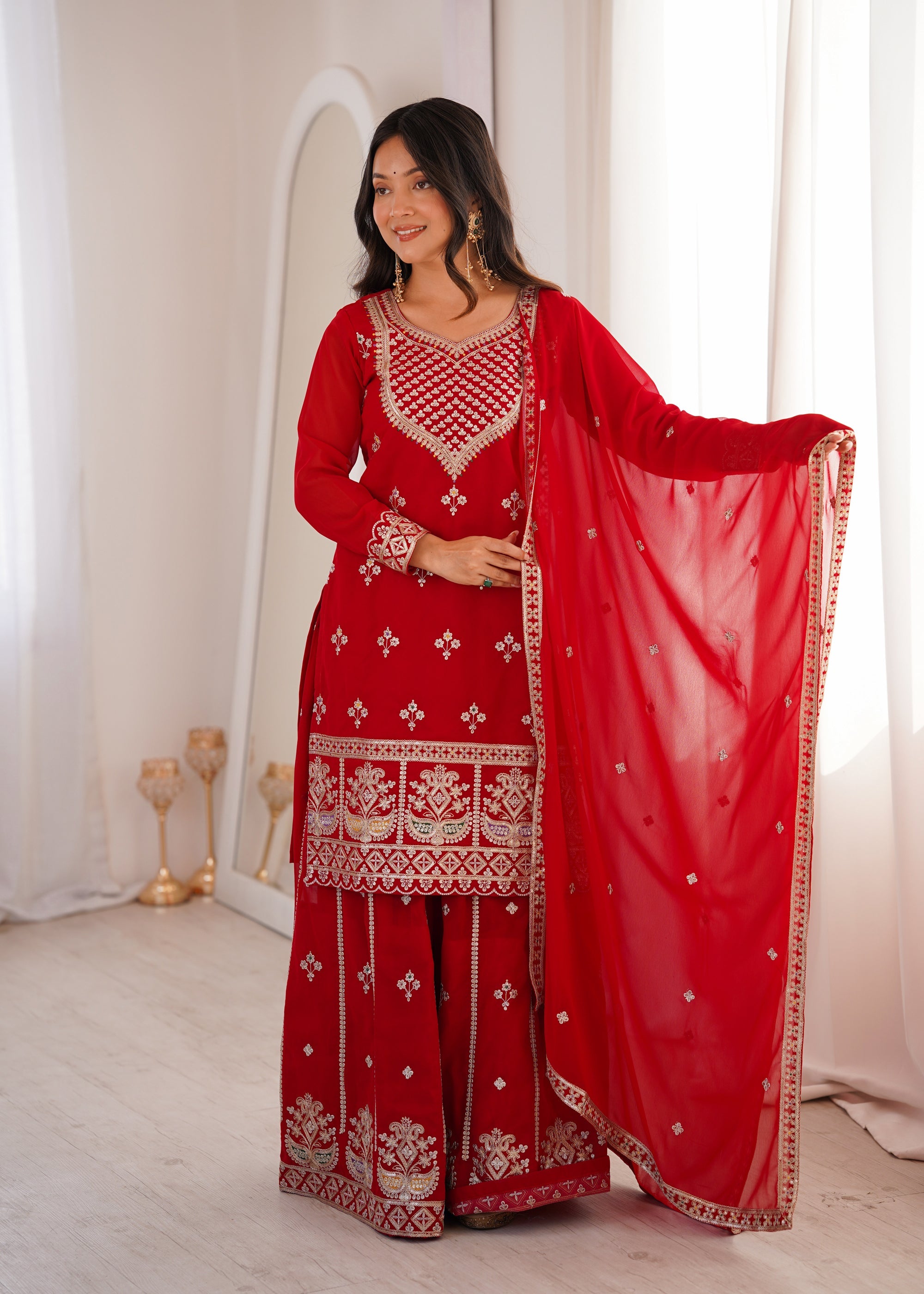 Lorenvalley Fashion Red Faux Georgette Embroidery Dori, Jari, Sequence and Thread Work Kurta Sharara with Dupatta | Grocsy