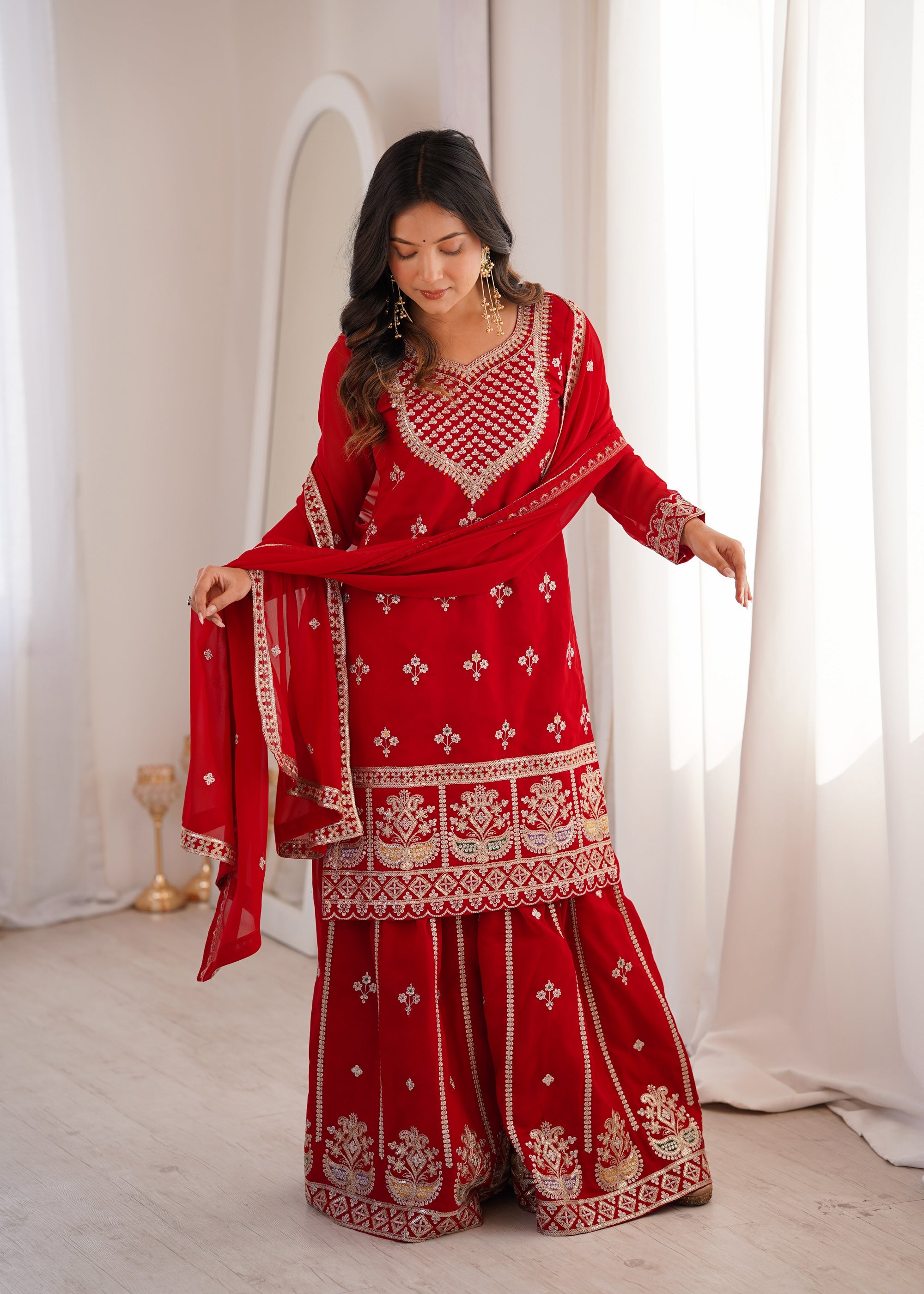 Lorenvalley Fashion Red Faux Georgette Embroidery Dori, Jari, Sequence and Thread Work Kurta Sharara with Dupatta | Grocsy