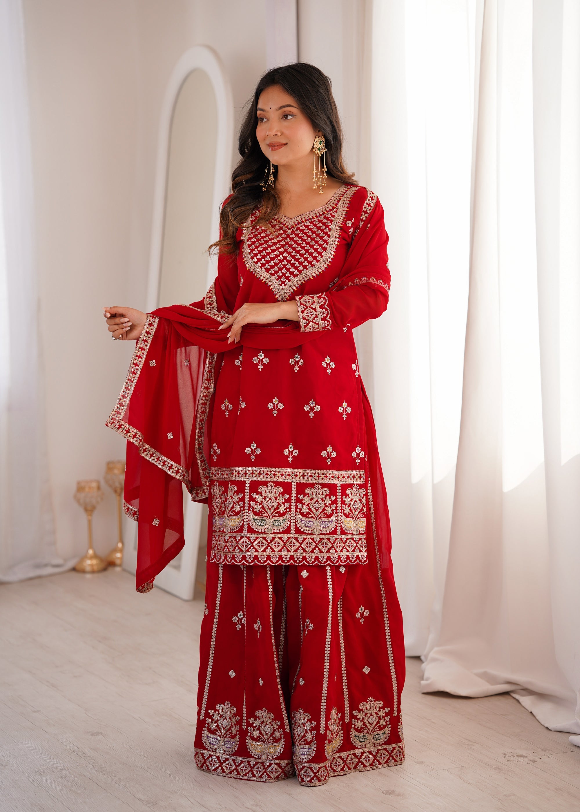 Lorenvalley Fashion Red Faux Georgette Embroidery Dori, Jari, Sequence and Thread Work Kurta Sharara with Dupatta | Grocsy