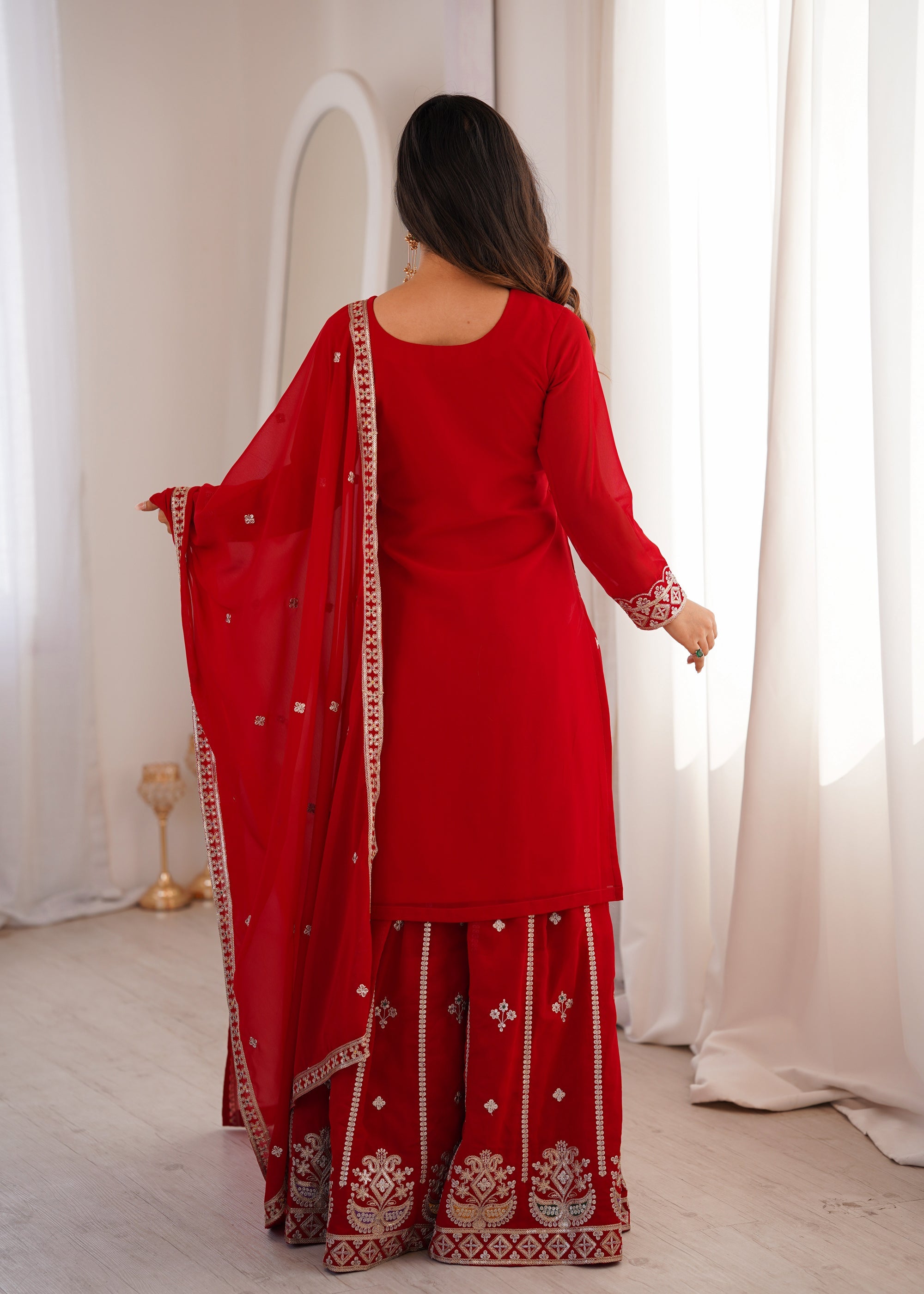 Lorenvalley Fashion Red Faux Georgette Embroidery Dori, Jari, Sequence and Thread Work Kurta Sharara with Dupatta | Grocsy