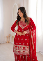 Lorenvalley Fashion Red Faux Georgette Embroidery Dori, Jari, Sequence and Thread Work Kurta Sharara with Dupatta | Grocsy