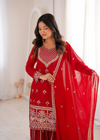 Lorenvalley Fashion Red Faux Georgette Embroidery Dori, Jari, Sequence and Thread Work Kurta Sharara with Dupatta | Grocsy