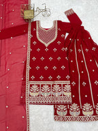 Lorenvalley Fashion Red Faux Georgette Embroidery Dori, Jari, Sequence and Thread Work Kurta Sharara with Dupatta | Grocsy