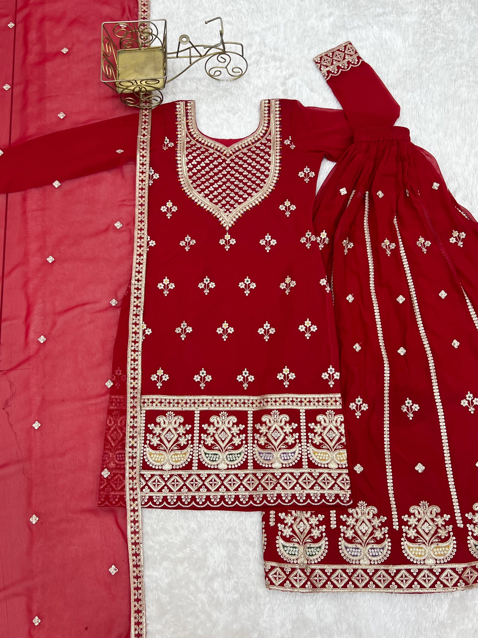 Lorenvalley Fashion Red Faux Georgette Embroidery Dori, Jari, Sequence and Thread Work Kurta Sharara with Dupatta | Grocsy
