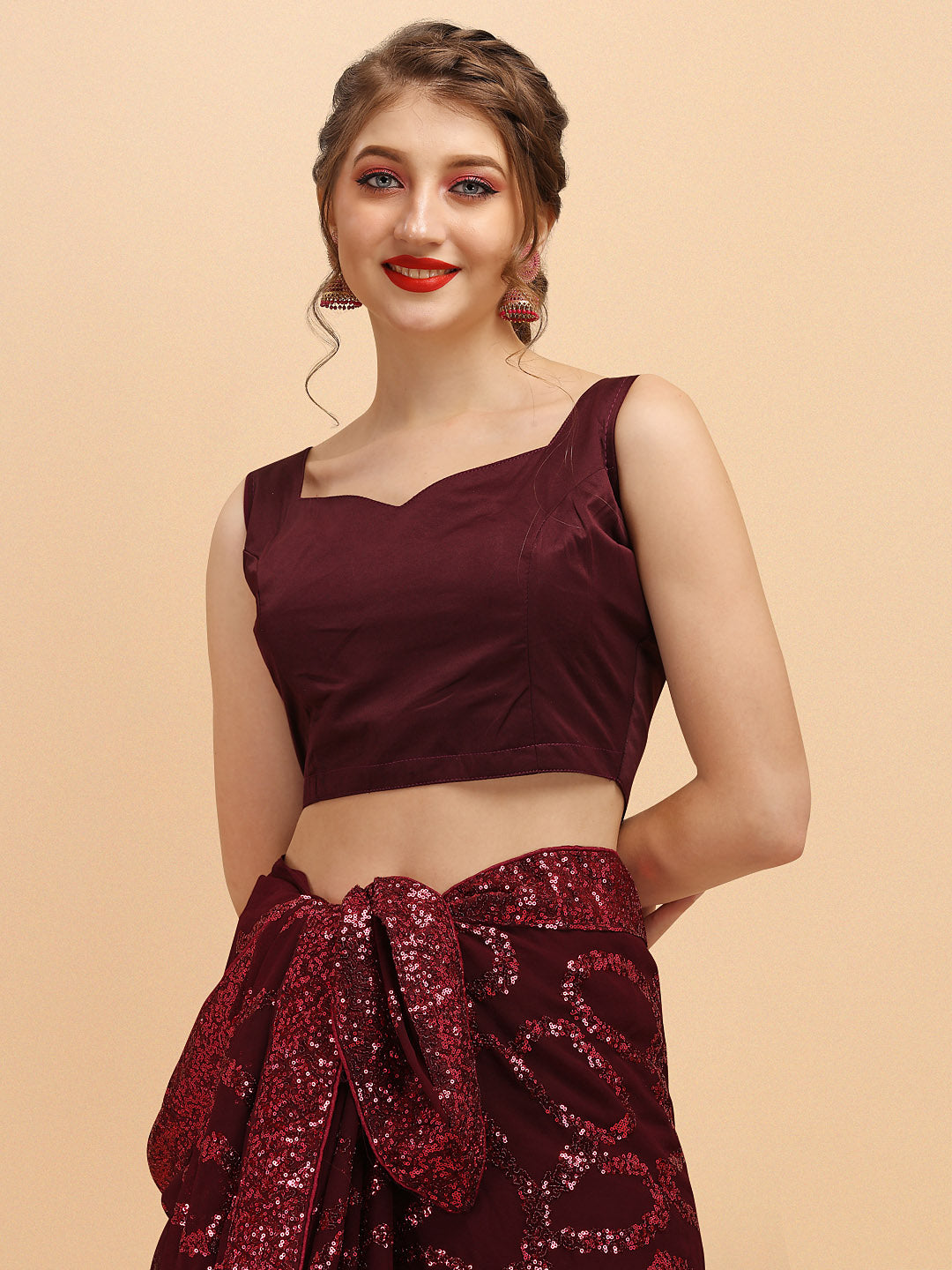 Sangria Burgundy Sequinned Pure Georgette Heavy Work Saree | Grocsy