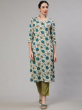 Aks Round Neck Floral Printed Regular Kurta with Trousers | Grocsy