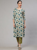 Aks Round Neck Floral Printed Regular Kurta with Trousers | Grocsy