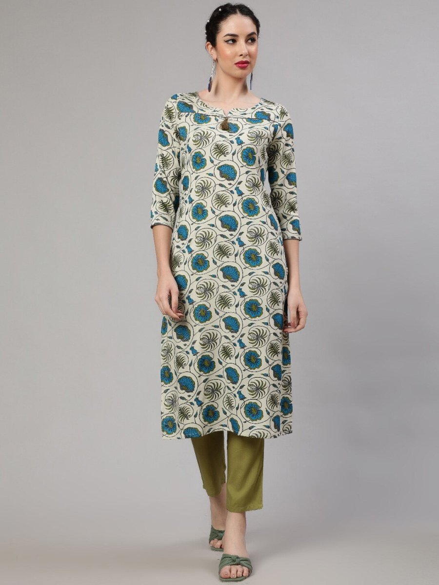 Aks Round Neck Floral Printed Regular Kurta with Trousers | Grocsy