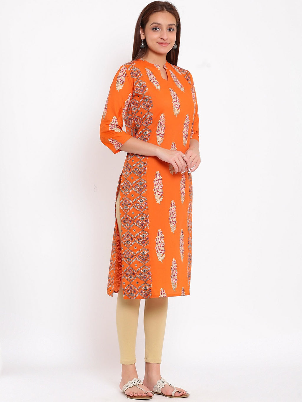 HERE&NOW Orange & White Ethnic Motifs Printed Straight Kurta | Grocsy