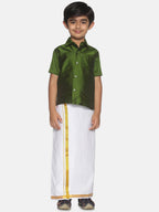 Sethukrishna Boys Olive Green & White Shirt And Veshti Set | Grocsy