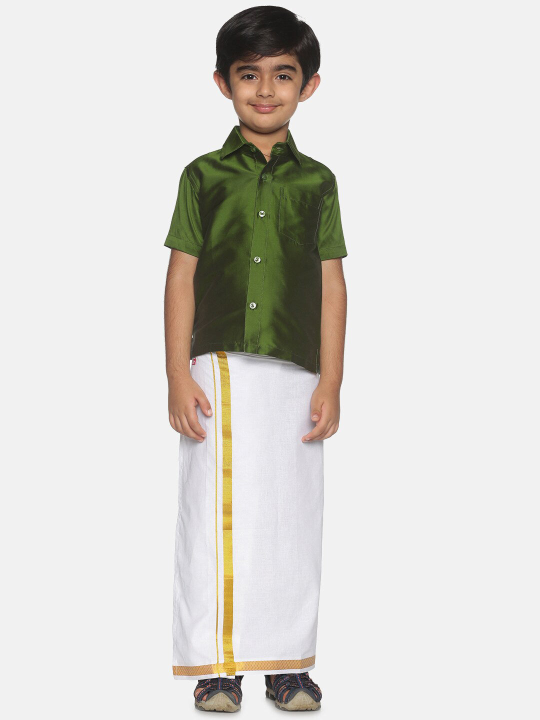 Sethukrishna Boys Olive Green & White Shirt And Veshti Set | Grocsy