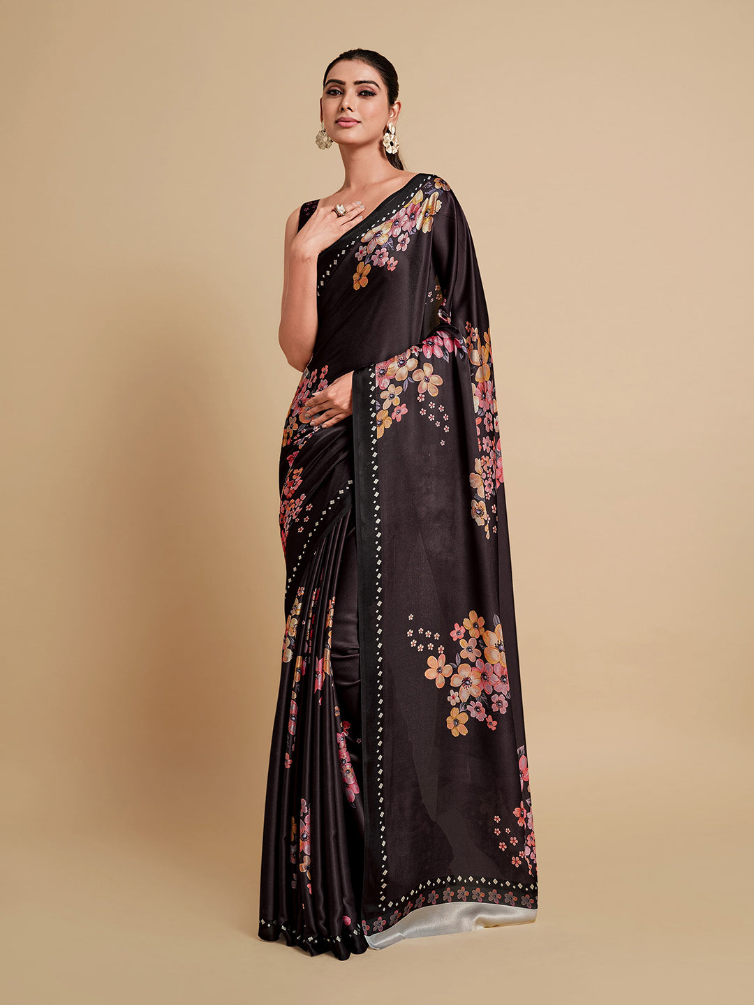 Sangria Black & Burgundy Floral Zari Satin Saree | Grocsy