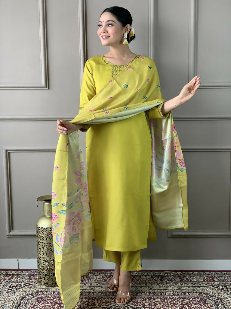 Lemon Viscose chanderi Stitched Suit With Dupatta - Tanisha | Grocsy