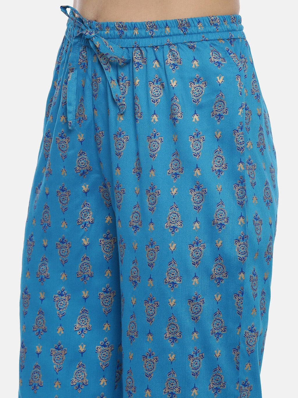 Souchii Turquoise Blue & Gold-Toned Floral Print Kurta with Palazzos | Grocsy