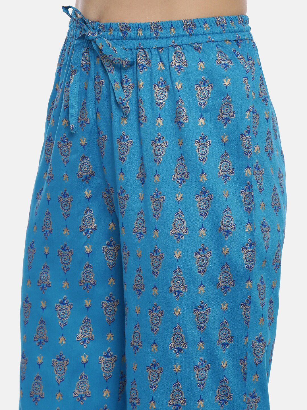 Souchii Turquoise Blue & Gold-Toned Floral Print Kurta with Palazzos | Grocsy