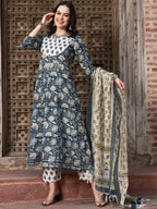 Sangria Navy Blue Floral Printed Pure Cotton Anarkali Kurta With Trouser & Dupatta | Grocsy