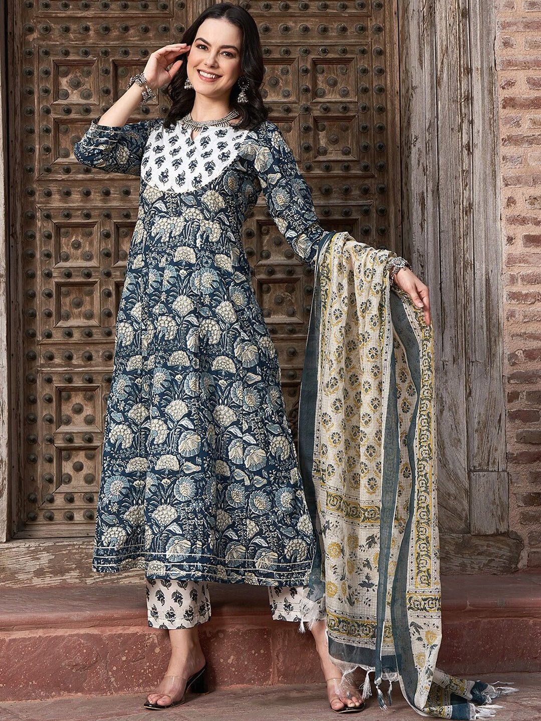 Sangria Navy Blue Floral Printed Pure Cotton Anarkali Kurta With Trouser & Dupatta | Grocsy