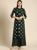 All About You Women Green & Gold-toned Ethnic Motifs Printed Kurta with Palazzos | Grocsy