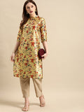 All About You Women Mustard Yellow & Red Floral Print Chanderi Silk Blend Straight Kurta | Grocsy