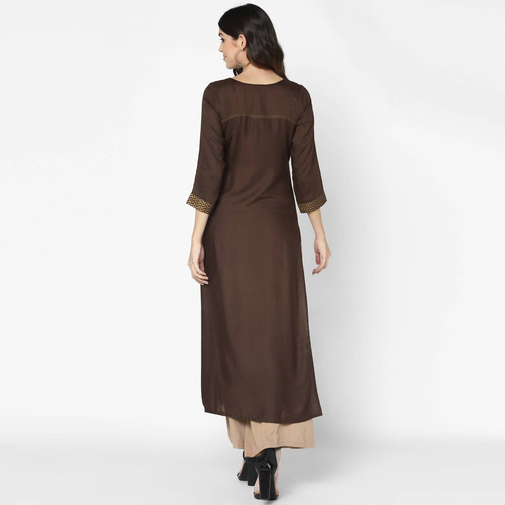 Cheera Hand Block Print Brown & Skin Color Straight Kurta With Palazzo (MAAI-081K) | Grocsy