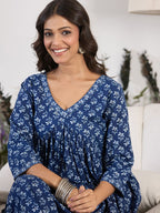 Indo Era V-Neck Floral Printed Empire Pure Cotton Kurta with Trouser | Grocsy
