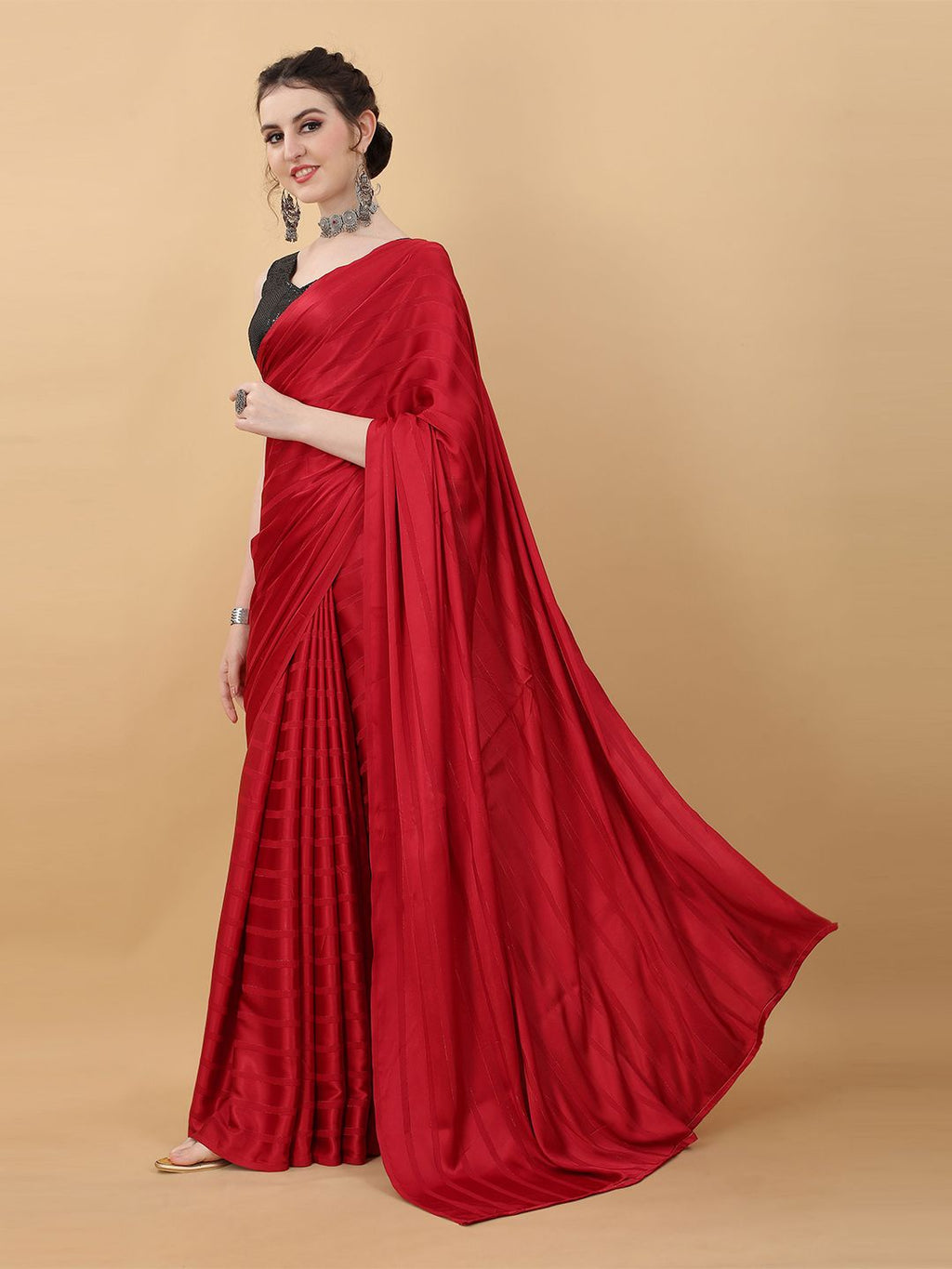 kasee Red & Black Striped Poly Georgette Saree | Grocsy