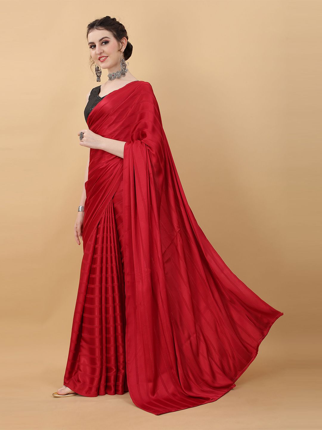 kasee Red & Black Striped Poly Georgette Saree | Grocsy