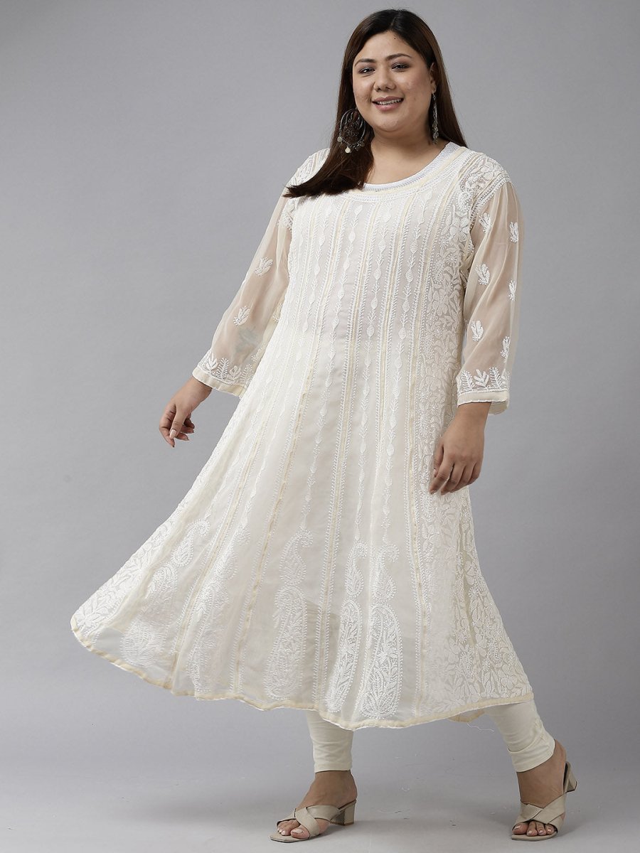 ADA Women Beige Ethnic Motifs Plus Size Chikankari Georgette Anarkali Kurta | Grocsy