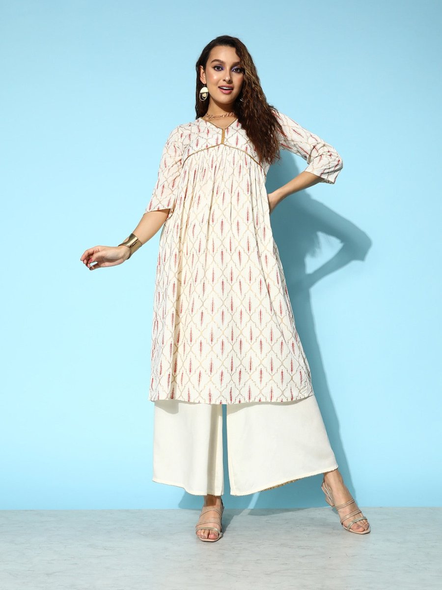 All About You Onyx White & Red Ethnic Motifs Printed Veere Di Wedding Kurta with Palazzos | Grocsy
