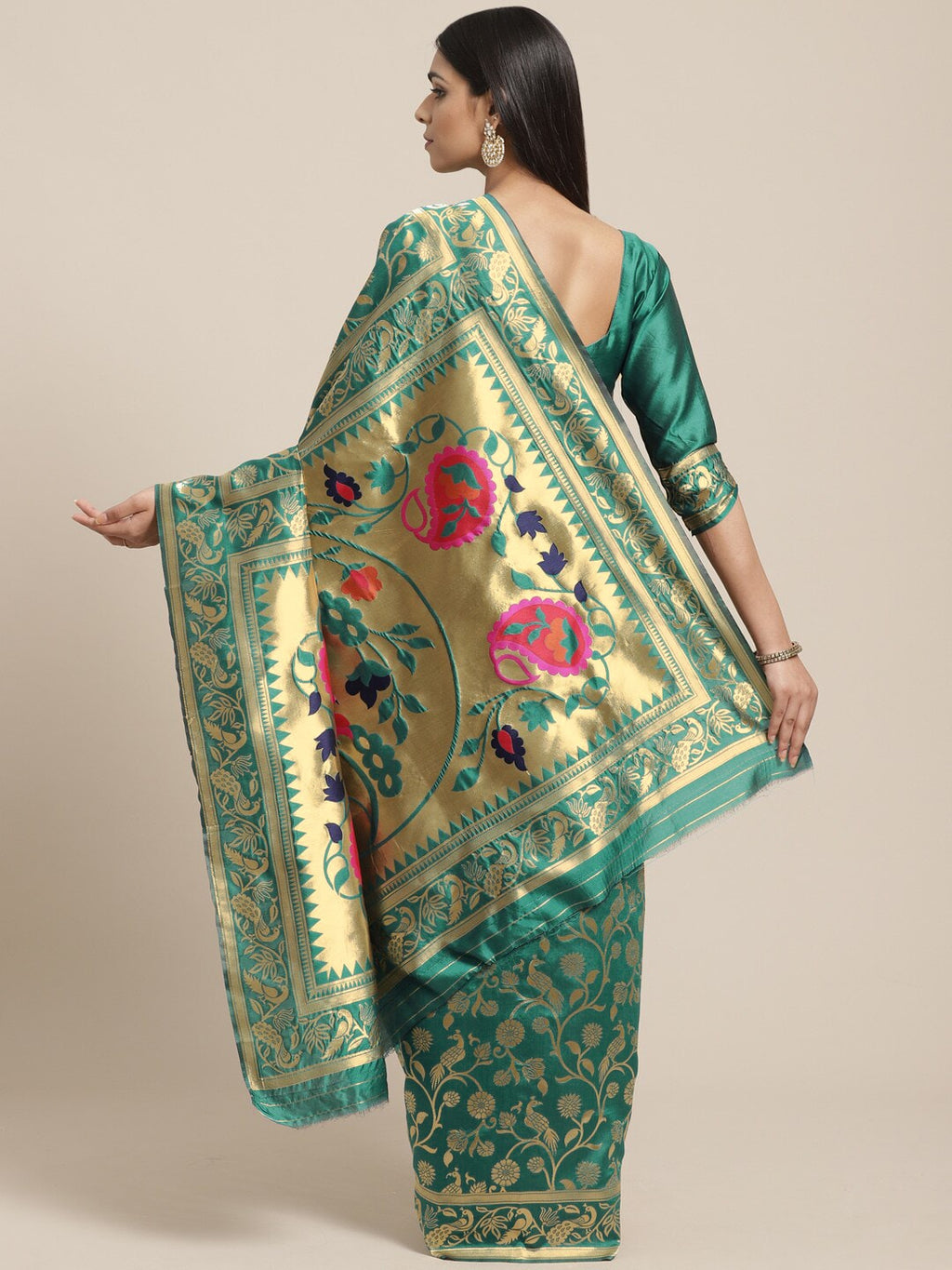Saree Mall Teal Green & Golden Woven Design Banarasi Saree | Grocsy