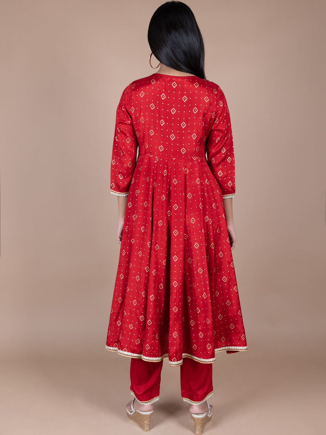 HERE&NOW Red & Beige Ethnic Motifs Printed Angrakha Gotta Patti Kurta with Trousers | Grocsy