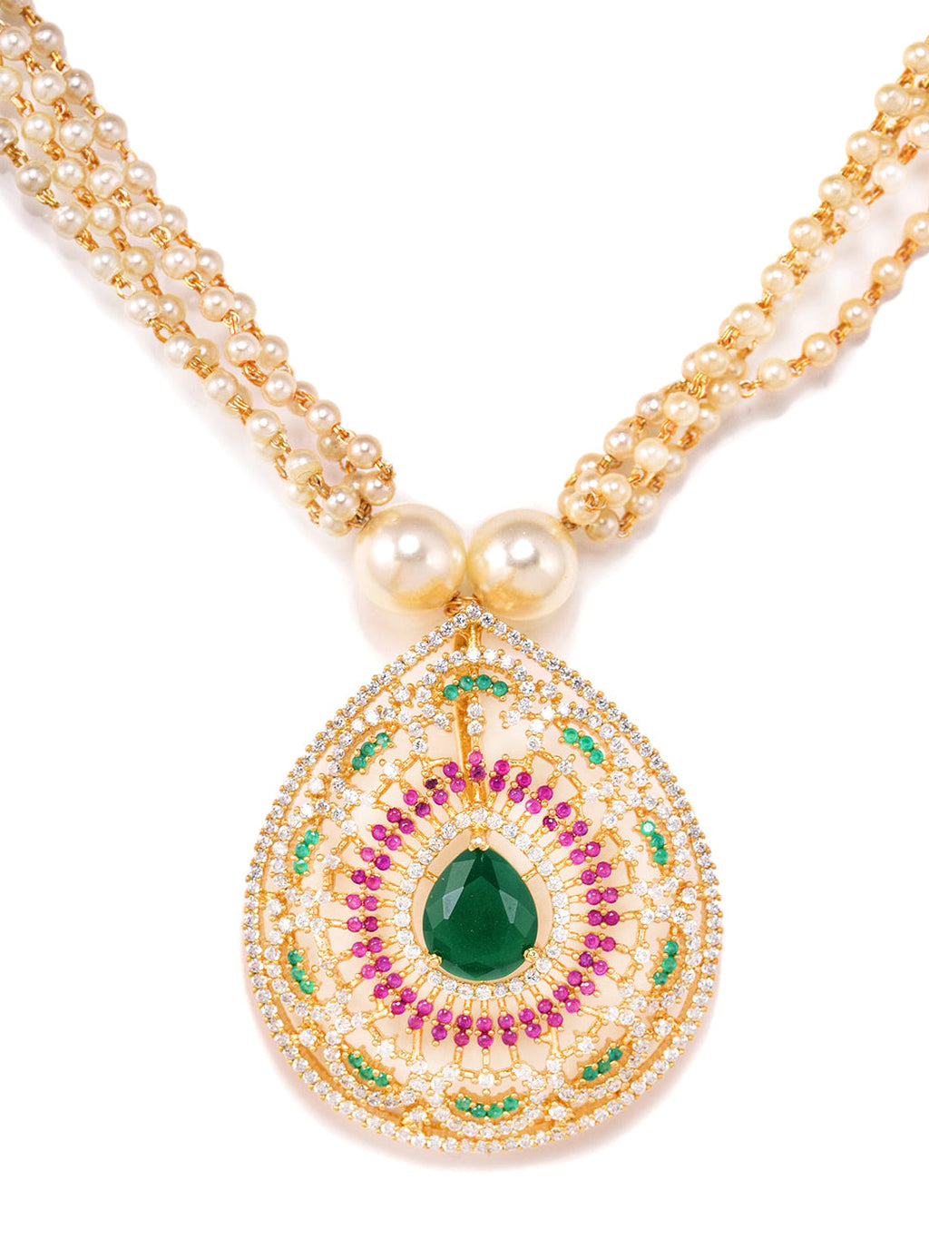 Saraf RS Jewellery Women Gold-Polished Multi Coloured AD Studded Pearl Mala & Earrings Set | Grocsy