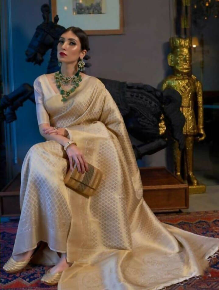 DEIANA'S Beautiful Designer Golden zari Soft Lichi Silk Saree - White | Grocsy