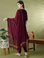 Sangria Yoke Design Velvet Kurta & Dhoti Pants With Dupatta | Grocsy