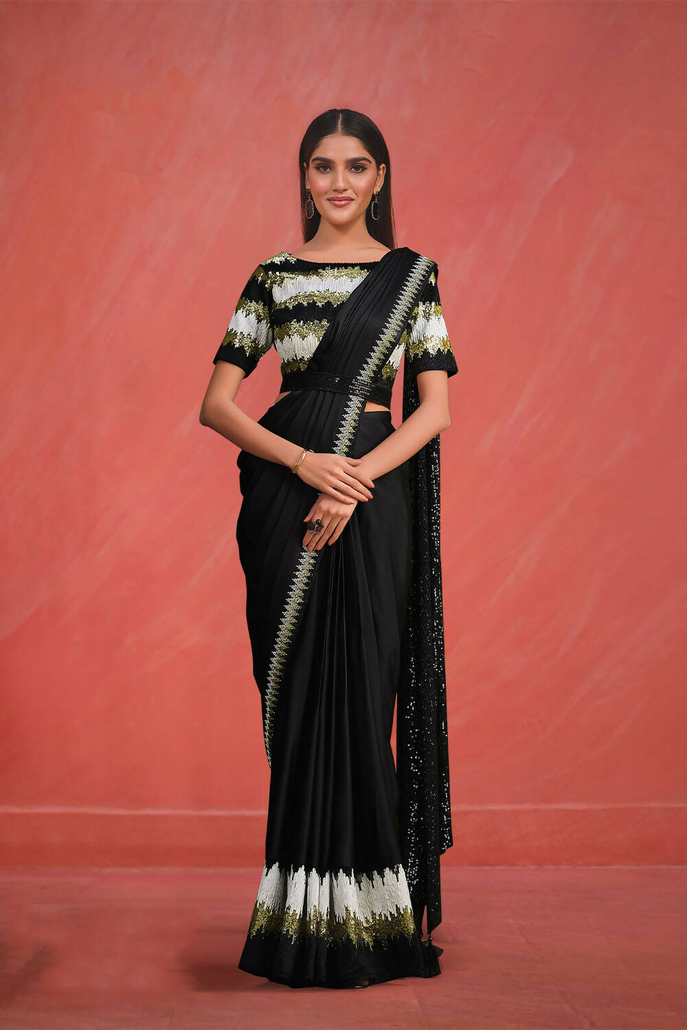 Black Crepe silk Sequence Embroidered Saree With Stitched Blouse - Mohmanthan Elegancia | Grocsy
