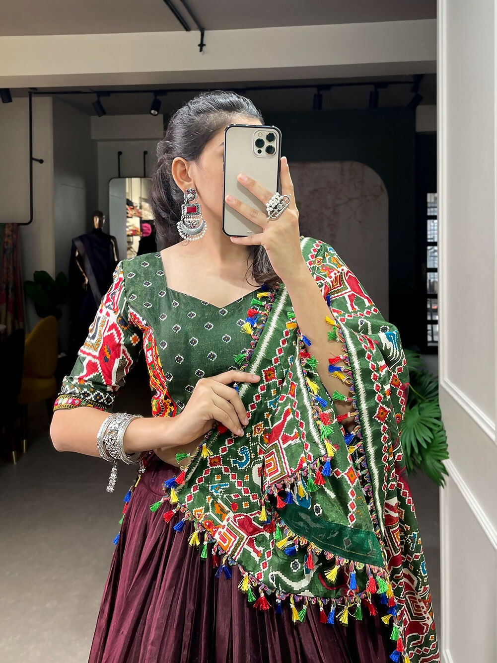 Vastranavya Traditional Patola Print With Gamthi & Mirror Work Lehenga Choli - Brown | Grocsy