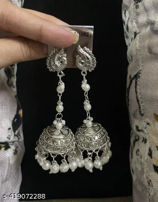 Tehzeeb Creations Women's Silver Colour Oxidised Peacock Design Earrings With White Pearl | Grocsy