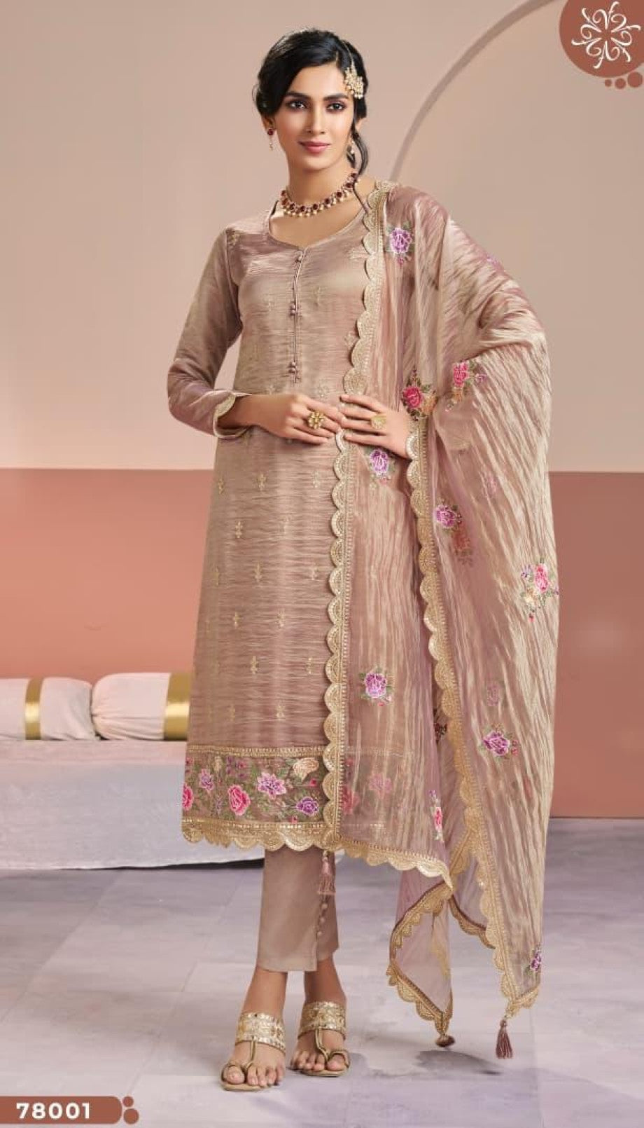 Anaita Peach Gold Silk Suit With Embroidery & Zari Work | Grocsy