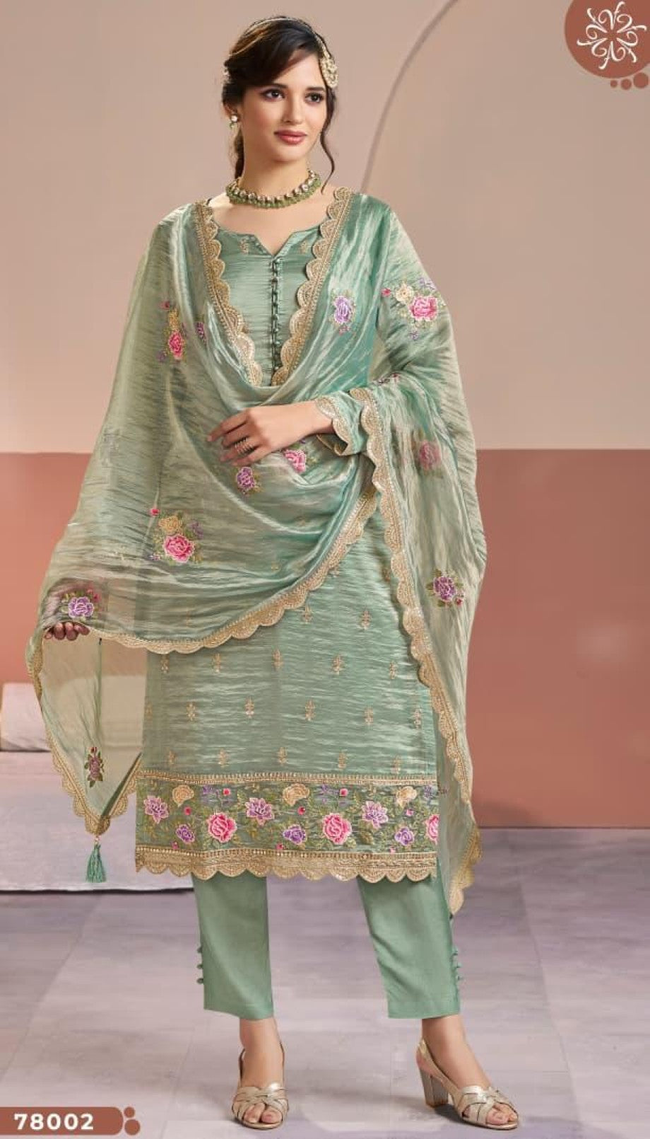 Anaita Sea Green Gold Silk Suit With Embroidery & Zari Work | Grocsy