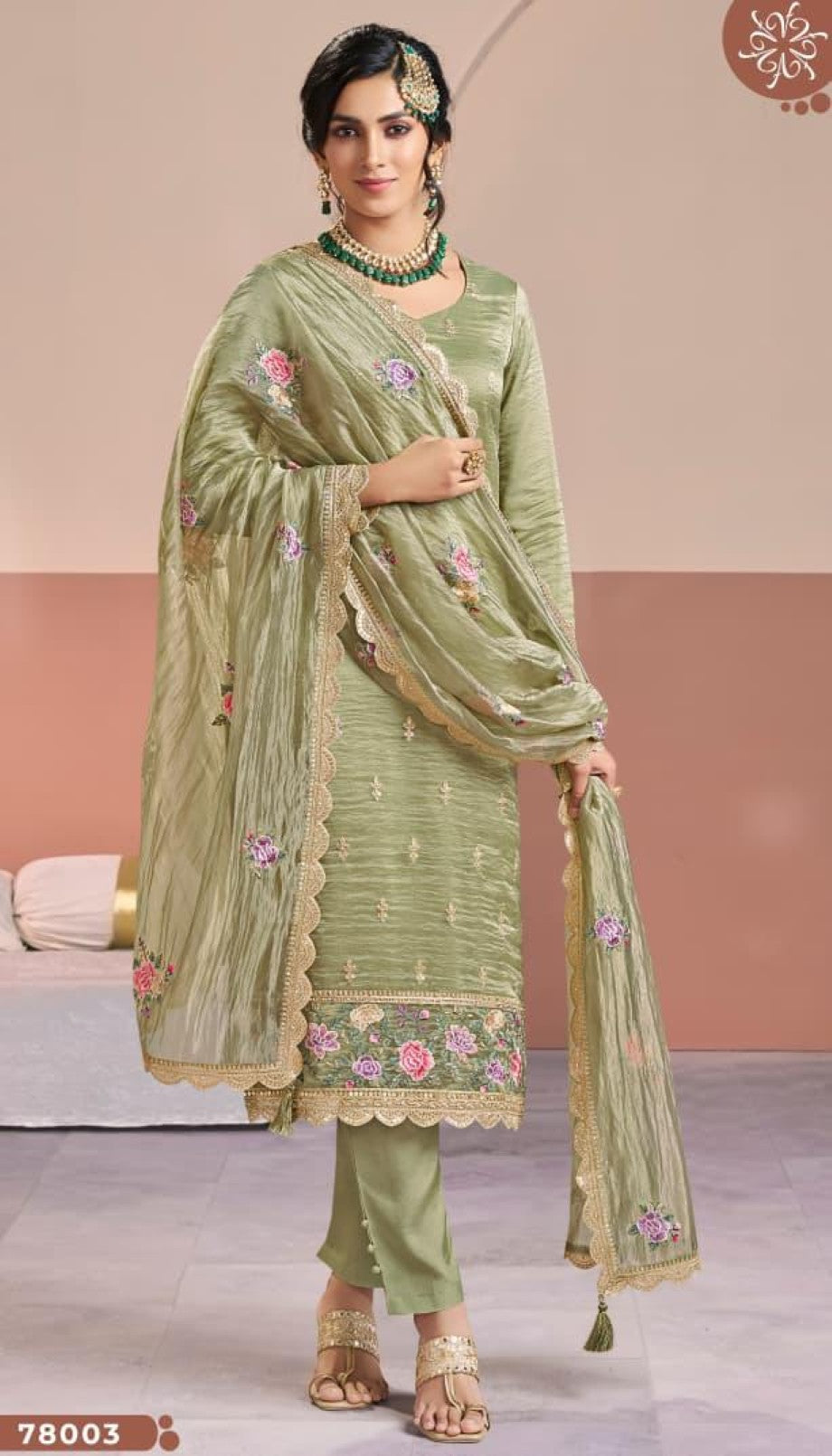 Anaita Olive Gold Silk Suit With Embroidery & Zari Work | Grocsy