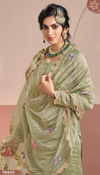 Anaita Olive Gold Silk Suit With Embroidery & Zari Work | Grocsy