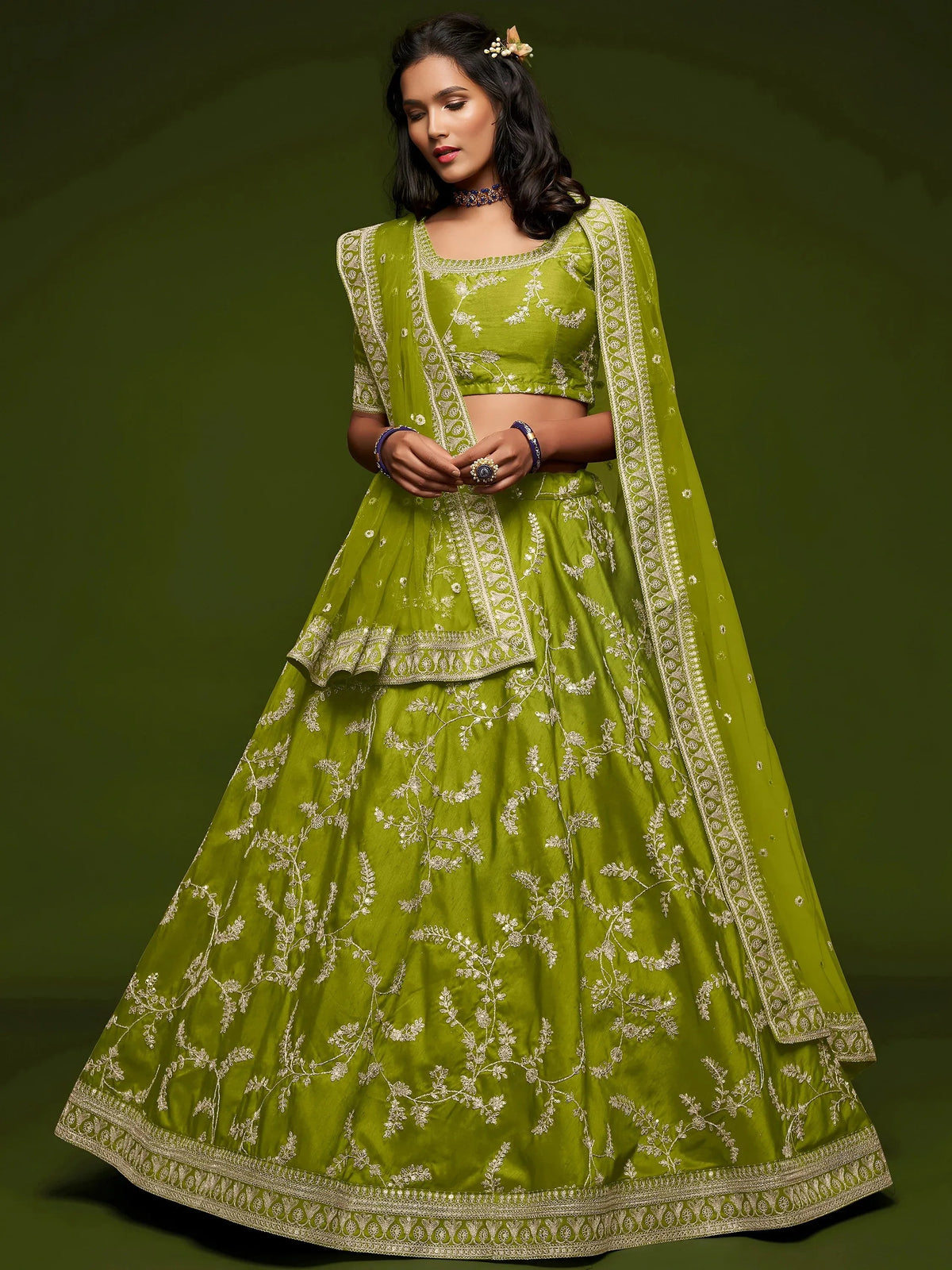 Tulsi Art Neon Green Thread Embroidery Art Silk Wedding Wear Lehenga Choli | Grocsy