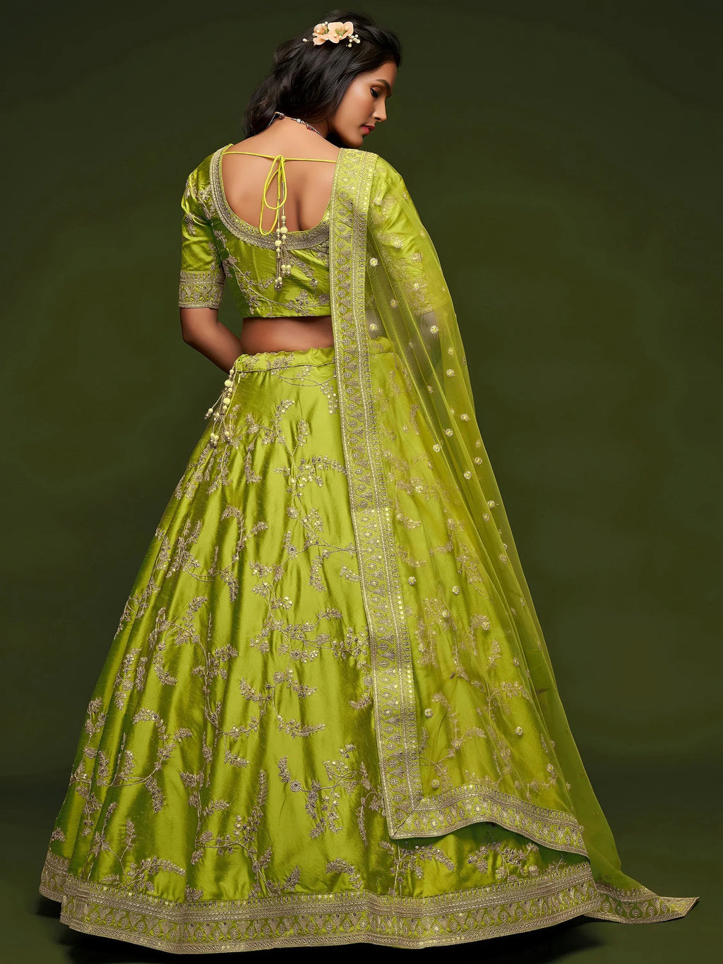 Tulsi Art Neon Green Thread Embroidery Art Silk Wedding Wear Lehenga Choli | Grocsy