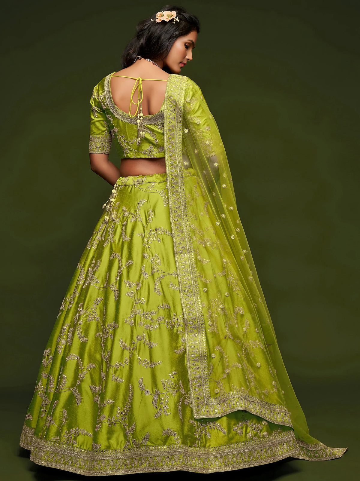 Tulsi Art Neon Green Thread Embroidery Art Silk Wedding Wear Lehenga Choli | Grocsy